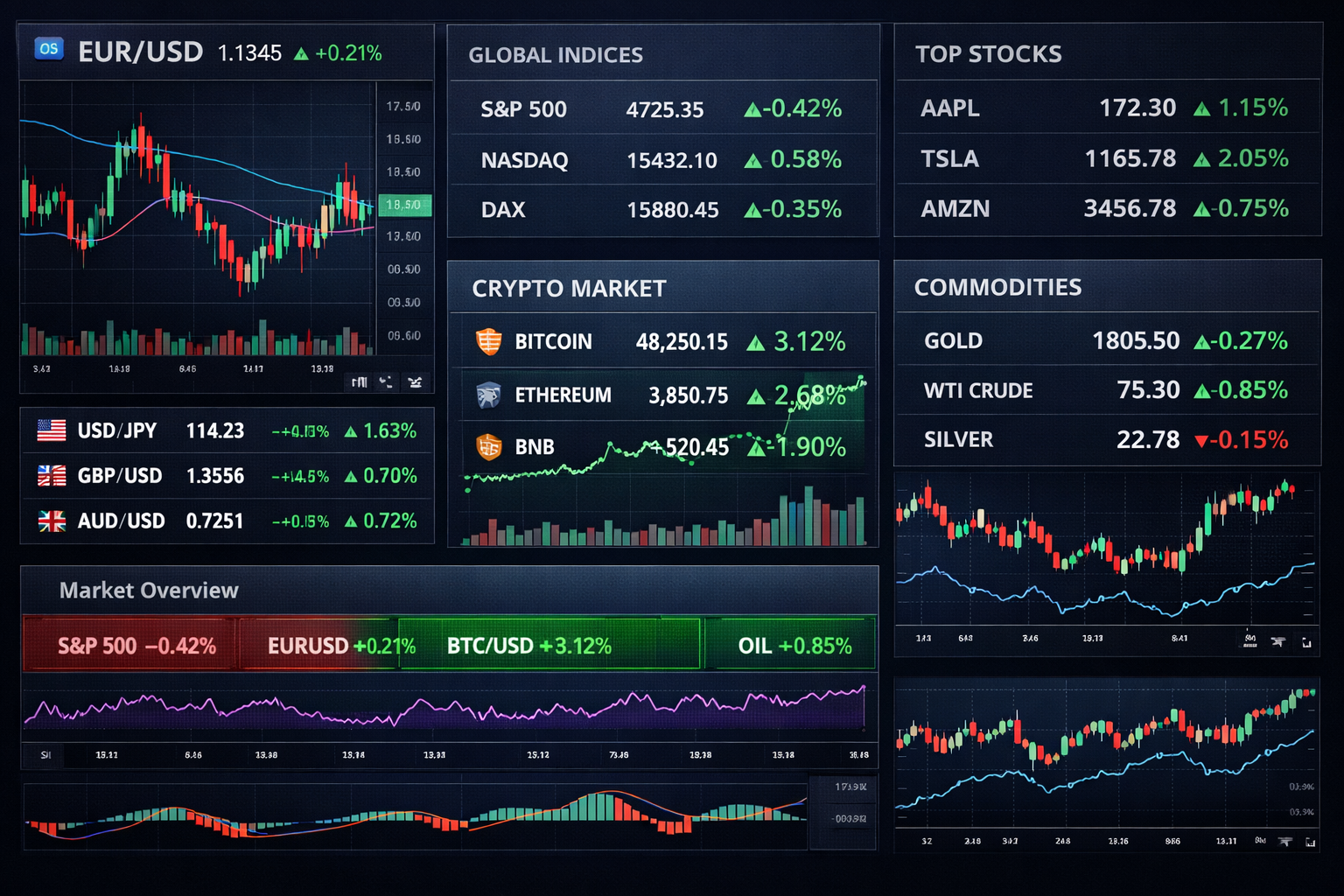 Mapa visual de mercados para trading: Forex, índices, acciones, criptomonedas y materias primas