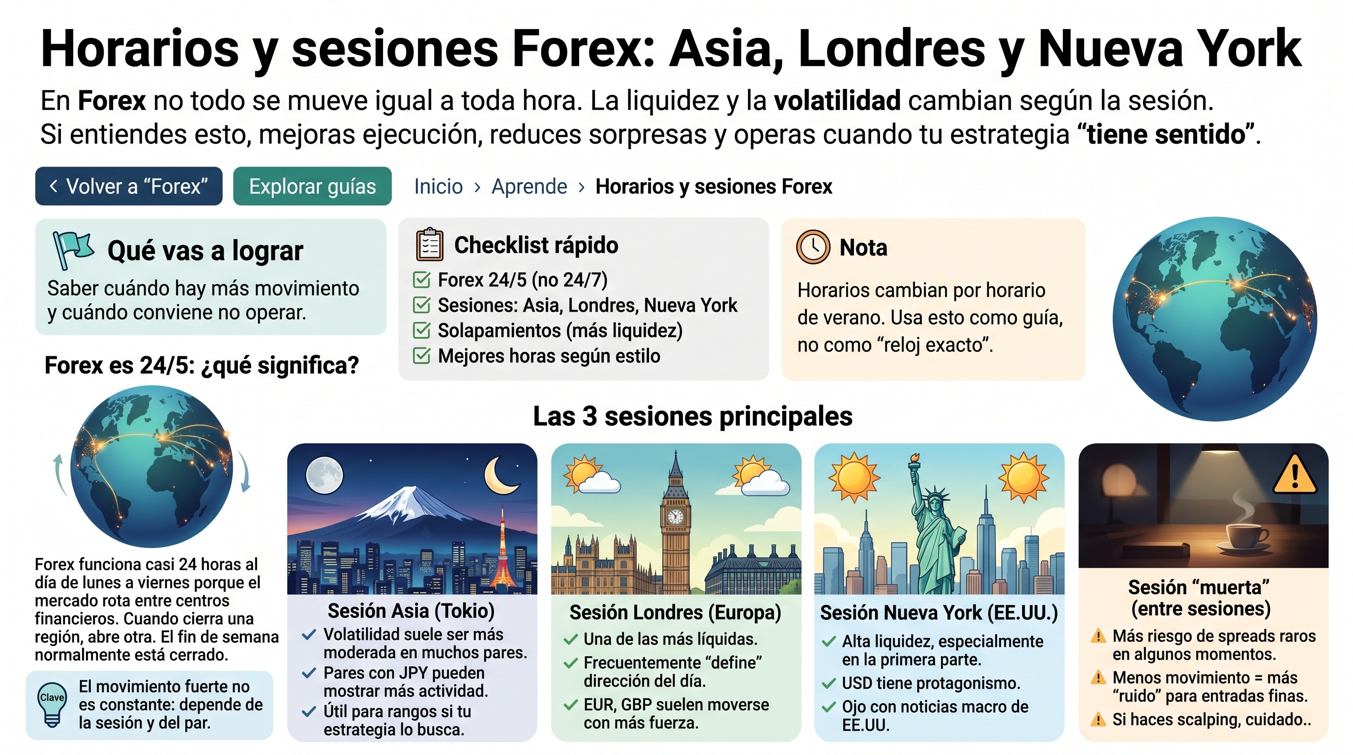 Horarios y sesiones Forex - Asia, Londres, Nueva York - Mejores horas para operar